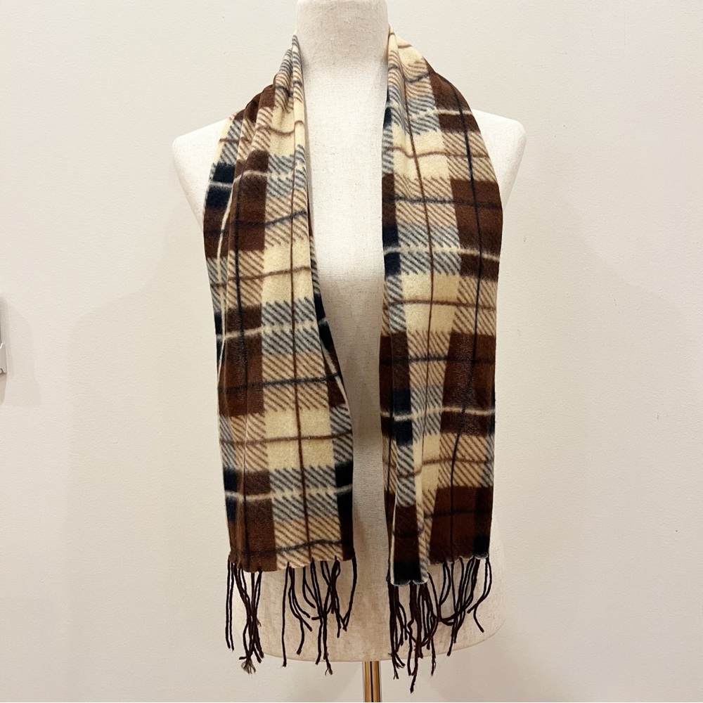 Royal Rossi Cashmere Scarf Rectangular Brown Cream Plaid Fringe Neutral Cozy